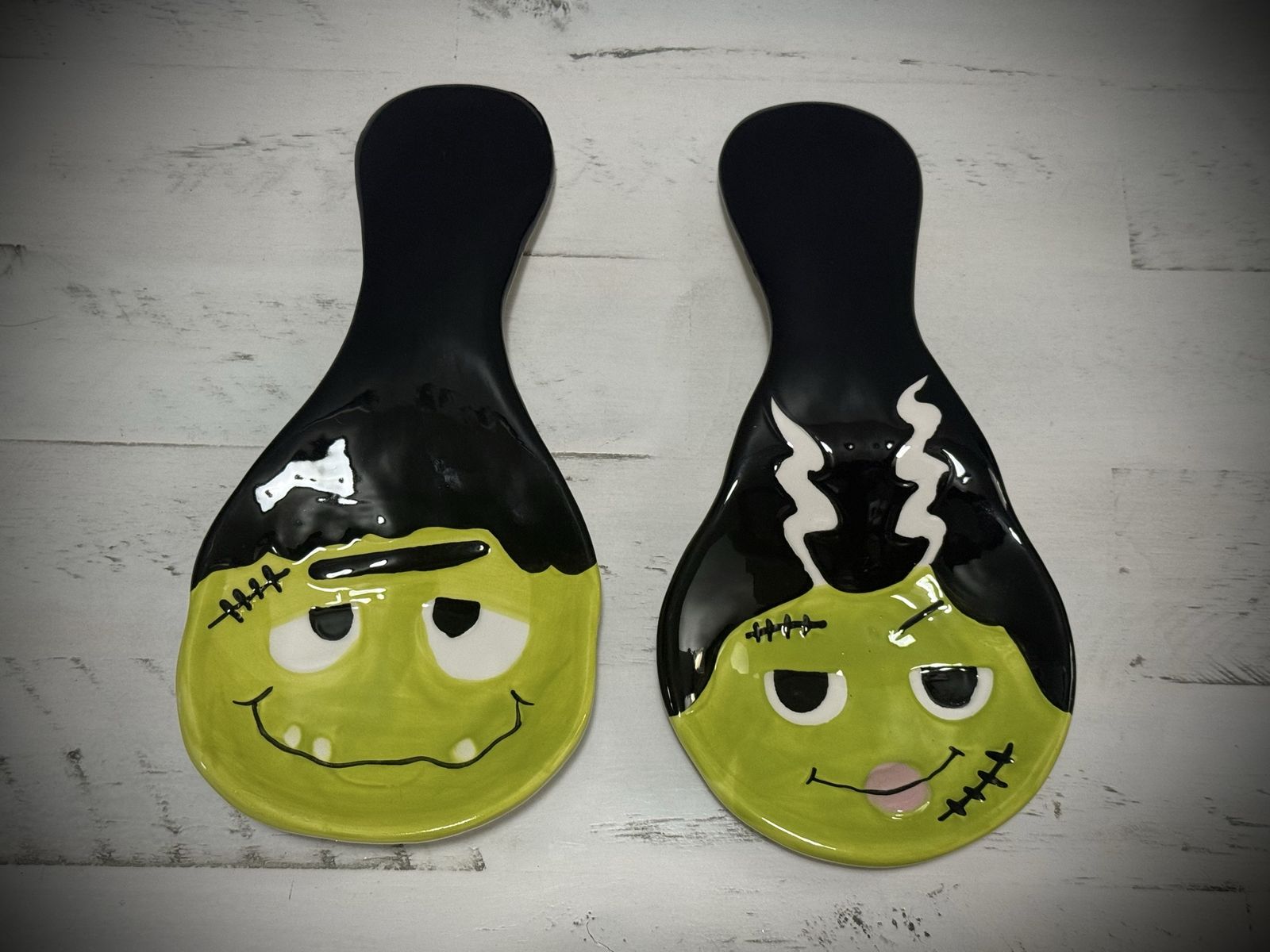 Halloween Frankenstein and Bride of Frankenstein Ceramic Spoon Rests