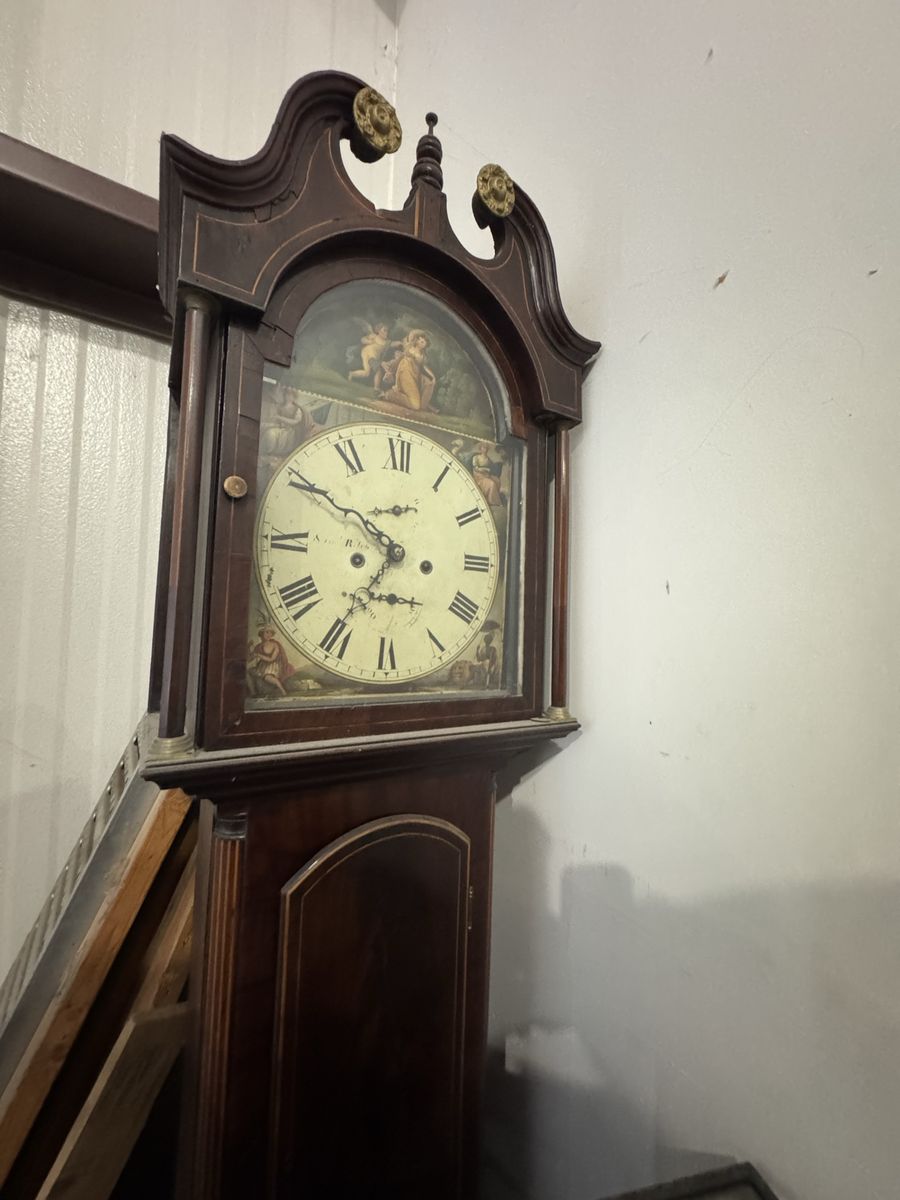 Antique 19th Century English Painted Dial Mahogany Longcase Grandfather Clock – Broken Arch