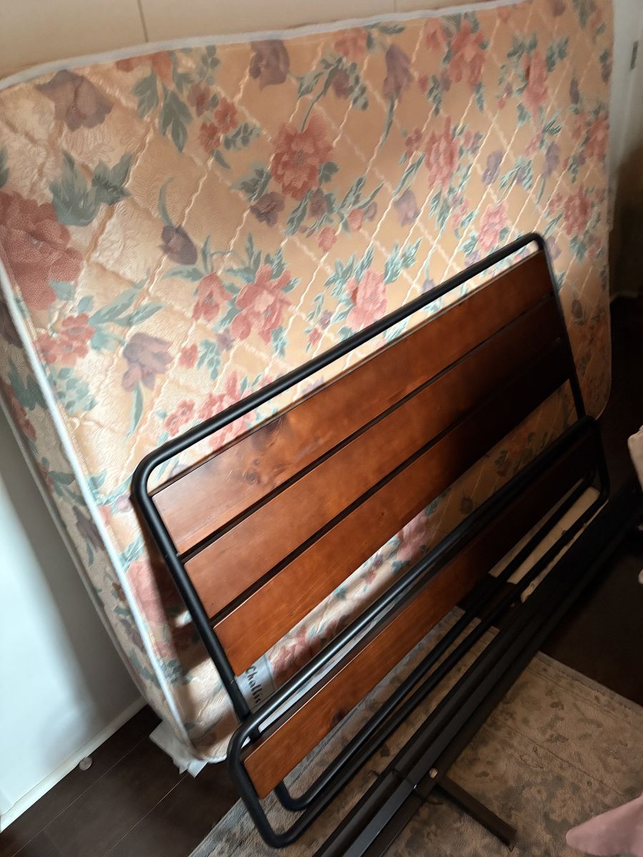 Metal and Wood Slat Bed Frame with Floral Mattress Set