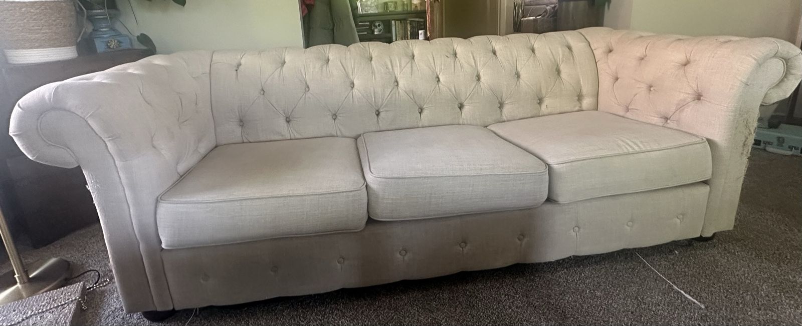 Tufted Fabric Sofa - Light Beige/Off-White Couch with Rolled Arms