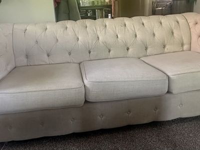 Tufted Fabric Sofa - Light Beige/Off-White Couch with Rolled Arms