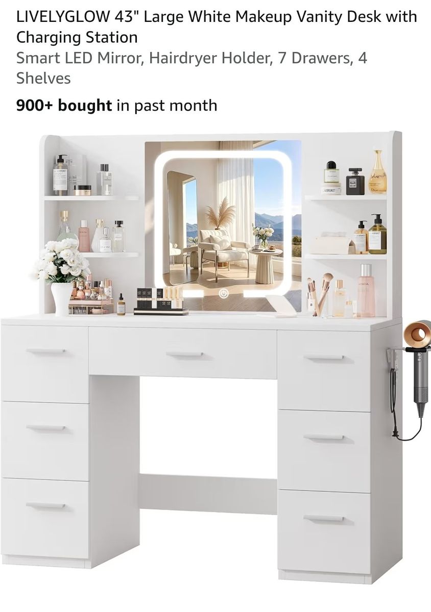 Large White Makeup Vanity Desk with Smart LED Mirror, Charging Station, 7 Drawers