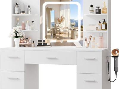Large White Makeup Vanity Desk with Smart LED Mirror, Charging Station, 7 Drawers