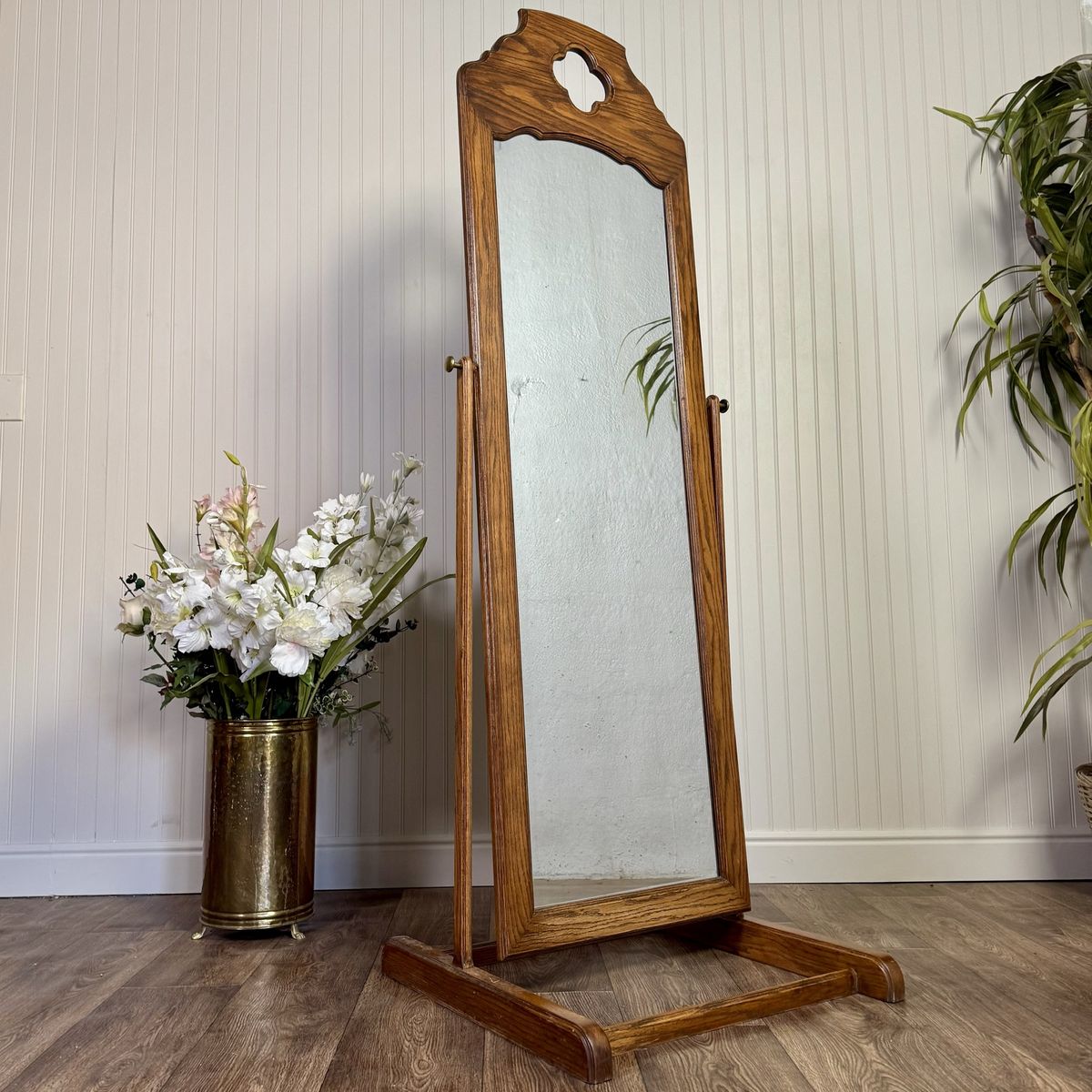 Vintage Oak Cheval Floor Mirror