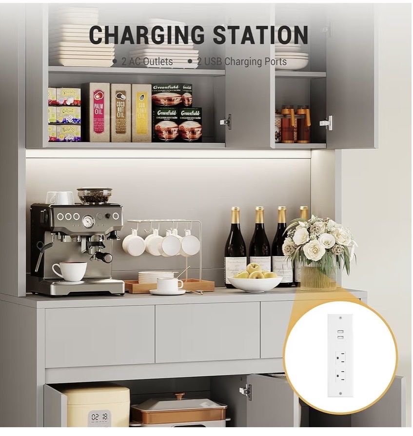 Modern White Kitchen Storage Cabinet w/ Charging Station, Drawers & Doors - Pantry or Bar Unit