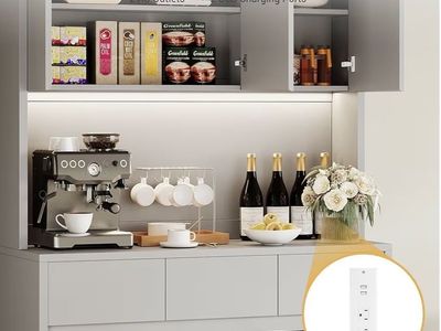 Modern White Kitchen Storage Cabinet w/ Charging Station, Drawers & Doors - Pantry or Bar Unit