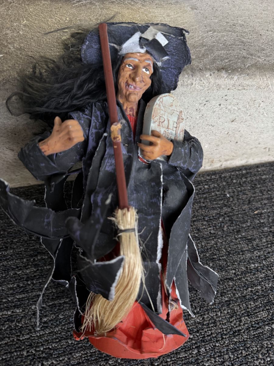 Vintage Halloween Witch Figurine with Broom and Tombstone