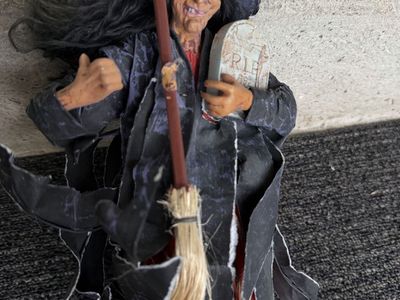 Vintage Halloween Witch Figurine with Broom and Tombstone