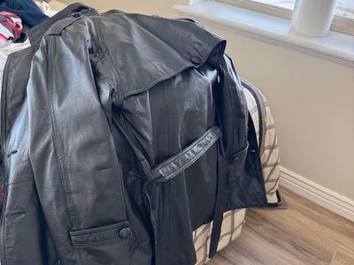 Women’s black leather long coat – belted – great condition