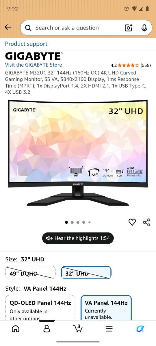 GIGABYTE M32UC 32" 4K UHD 144Hz Curved Gaming Monitor (160Hz OC) 1ms MPRT FreeSync Premium Pro