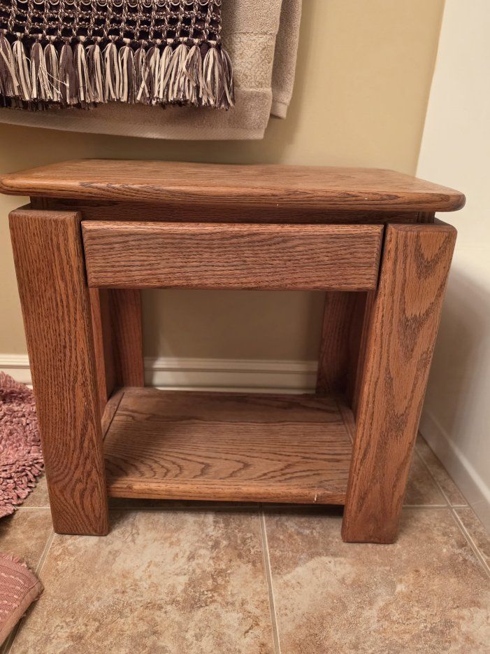 Solid Oak Side Table with Lower Storage Shelf and Drawer