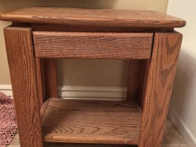 Solid Oak Side Table with Lower Storage Shelf and Drawer