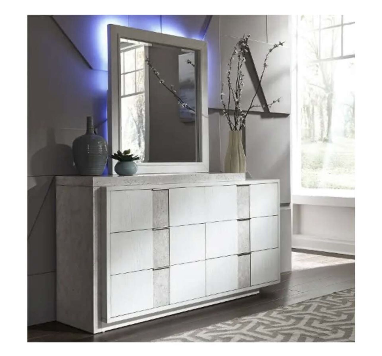 RC Willey Modern Dresser with LED Mirror & Nightstands - Stone Top, USB Ports, Oak Veneer