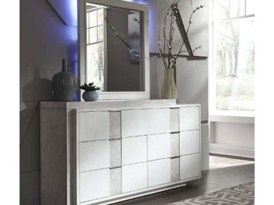 RC Willey Modern Dresser with LED Mirror & Nightstands - Stone Top, USB Ports, Oak Veneer