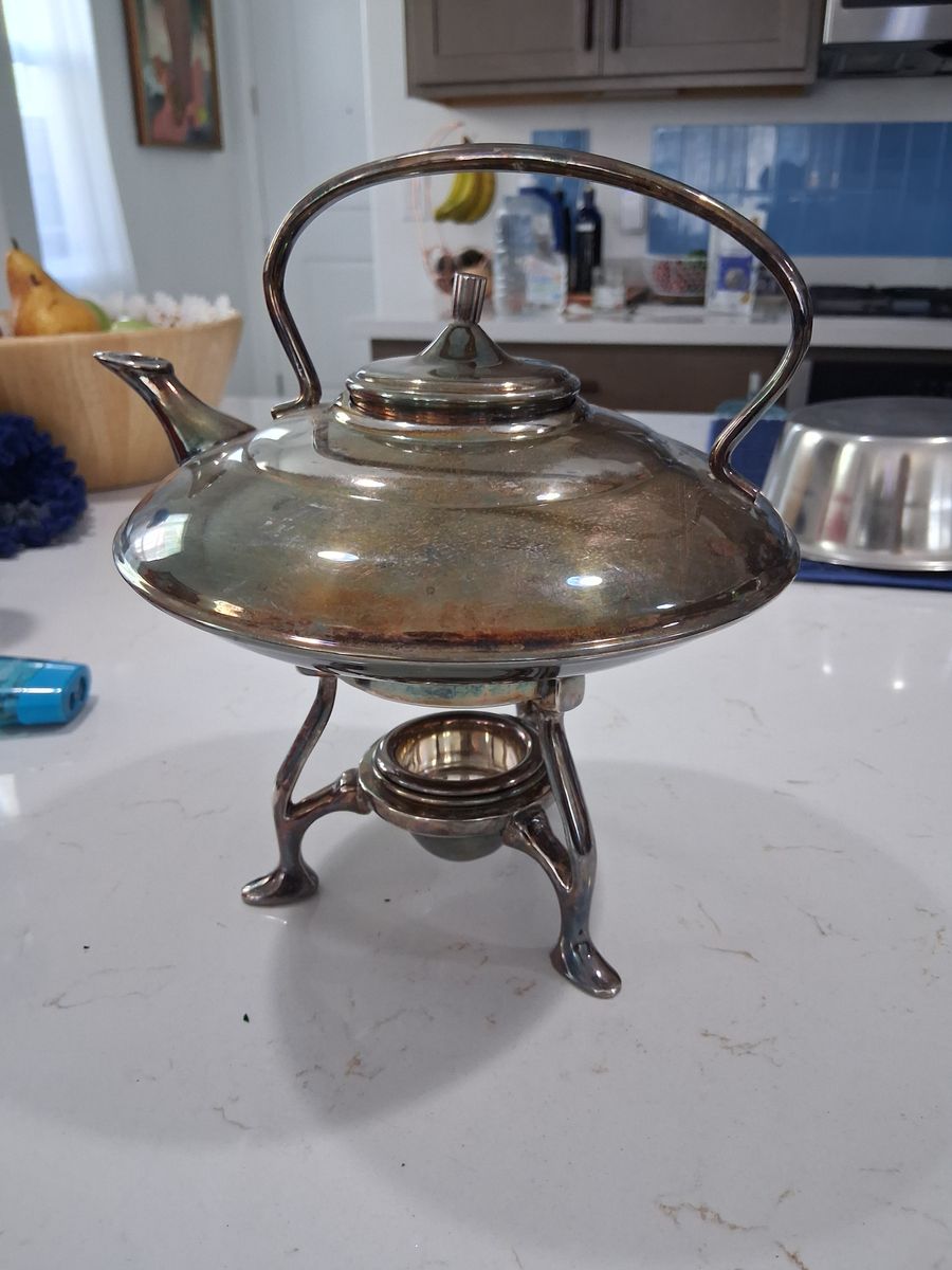antique silver-plated spirit kettle on stand