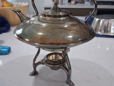 antique silver-plated spirit kettle on stand
