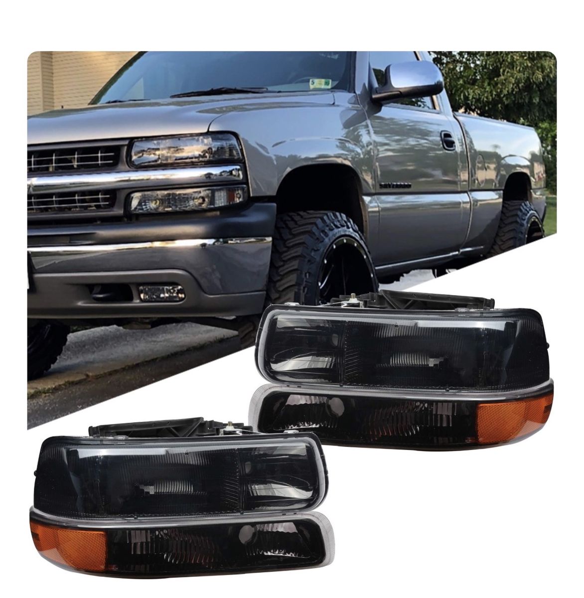 Black Housed Headlights with Amber for 00-06 Tahoe/Suburban, 99-02 Silverado