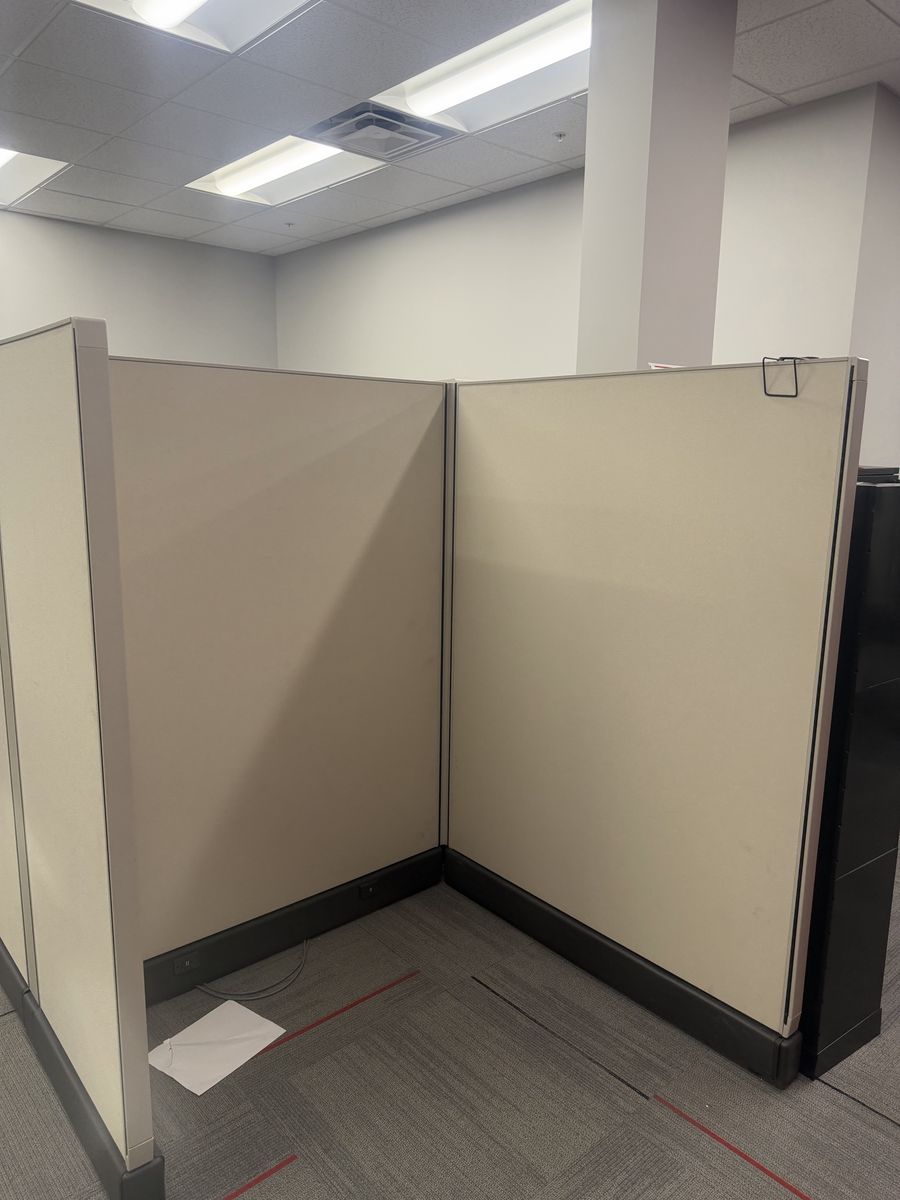 Office Cubicle Panels & Furniture Set - Beige/Black Trim, Desks, Credenza, File Cabinets