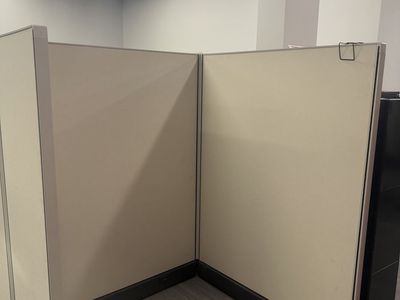 Office Cubicle Panels & Furniture Set - Beige/Black Trim, Desks, Credenza, File Cabinets