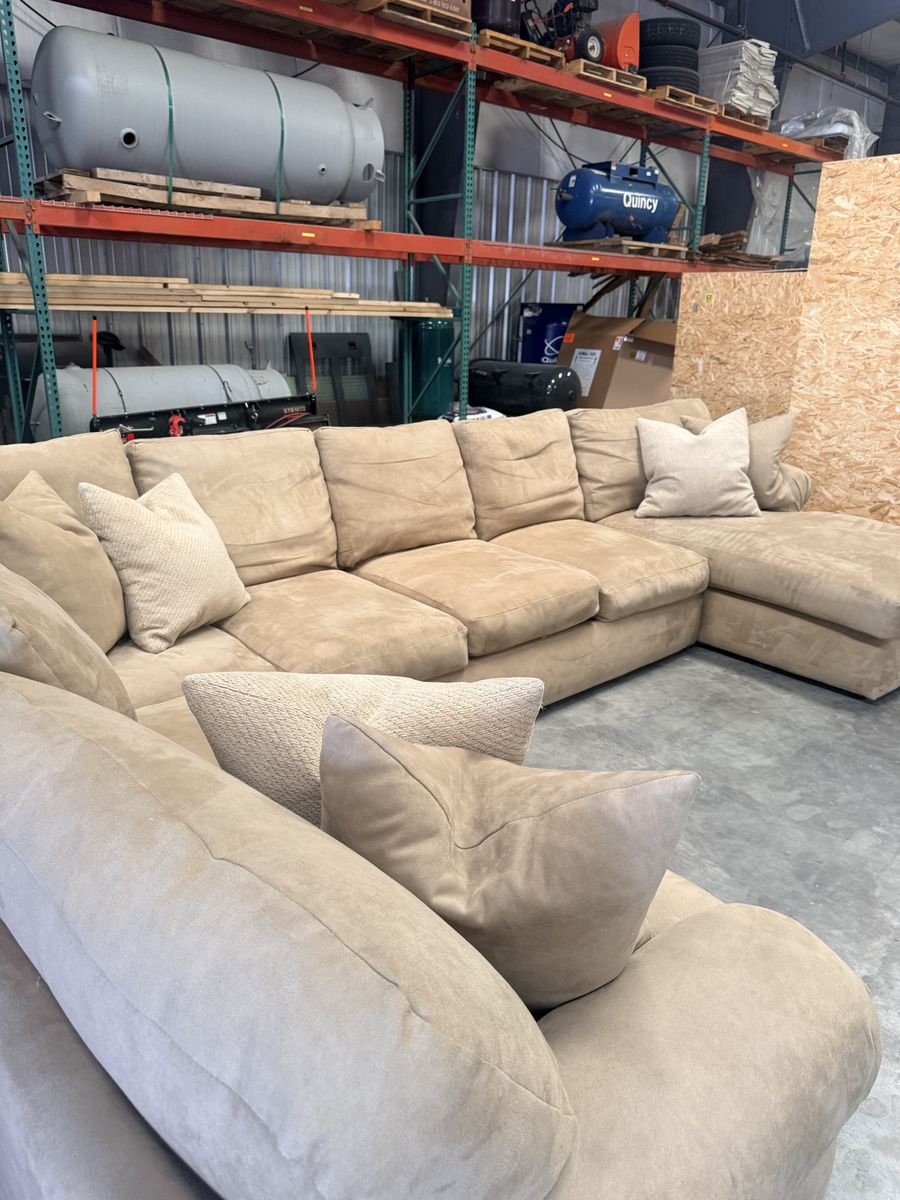 large tan microfiber sectional with down feather