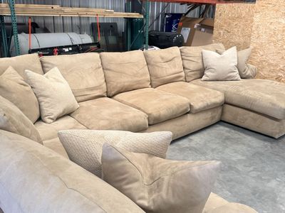 large tan microfiber sectional with down feather