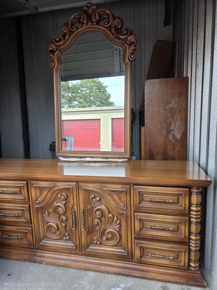 Broyhill Solid Wood Dresser with Mirror & Nightstand – Excellent Condition.