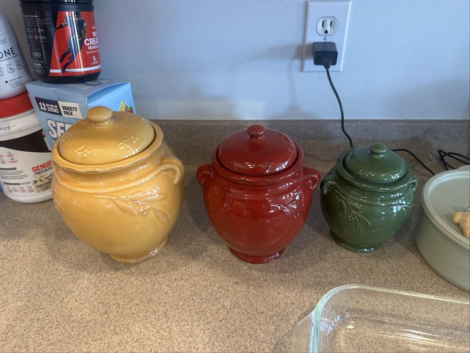 Bella Segura 2004 Ceramic Canister Set of 3 Yellow Red Green Kitchen Storage