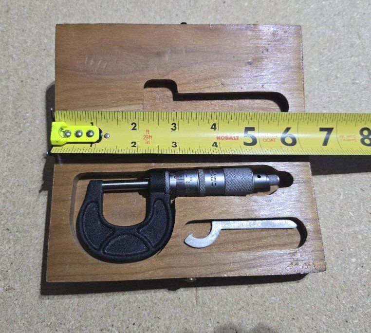 Vintage Scherr-Tumico Outside Micrometer with Wooden Storage Case and Adjustment Wrench