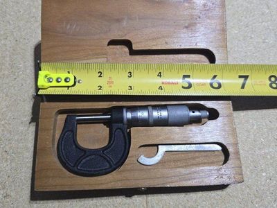 Vintage Scherr-Tumico Outside Micrometer with Wooden Storage Case and Adjustment Wrench