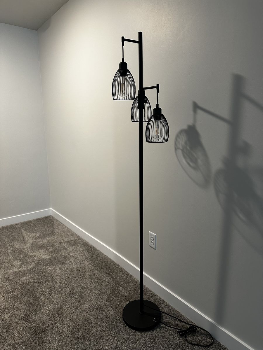 Industrial Style Black Floor Lamp with 3 Cage Shades and Edison Bulbs