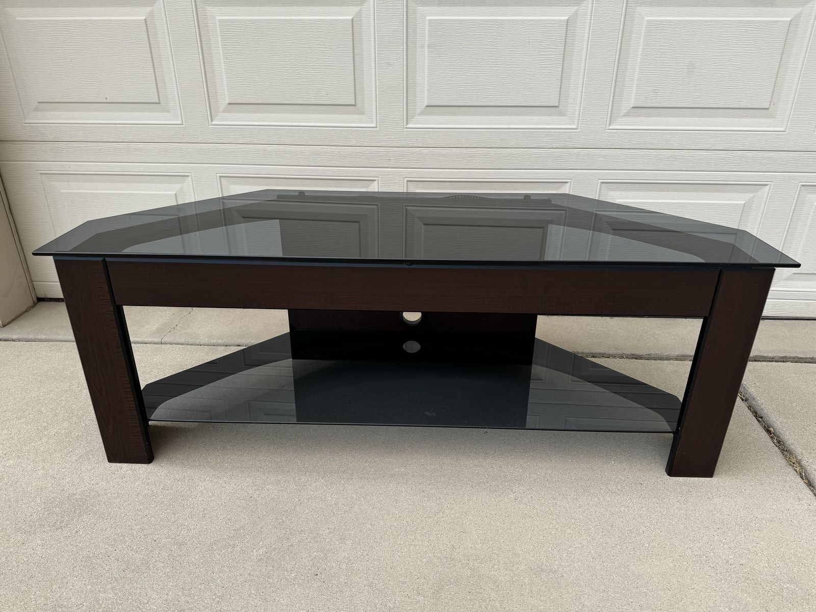 Dark Wood & Glass Corner TV Stand/Media Console for Flat Screen TVs