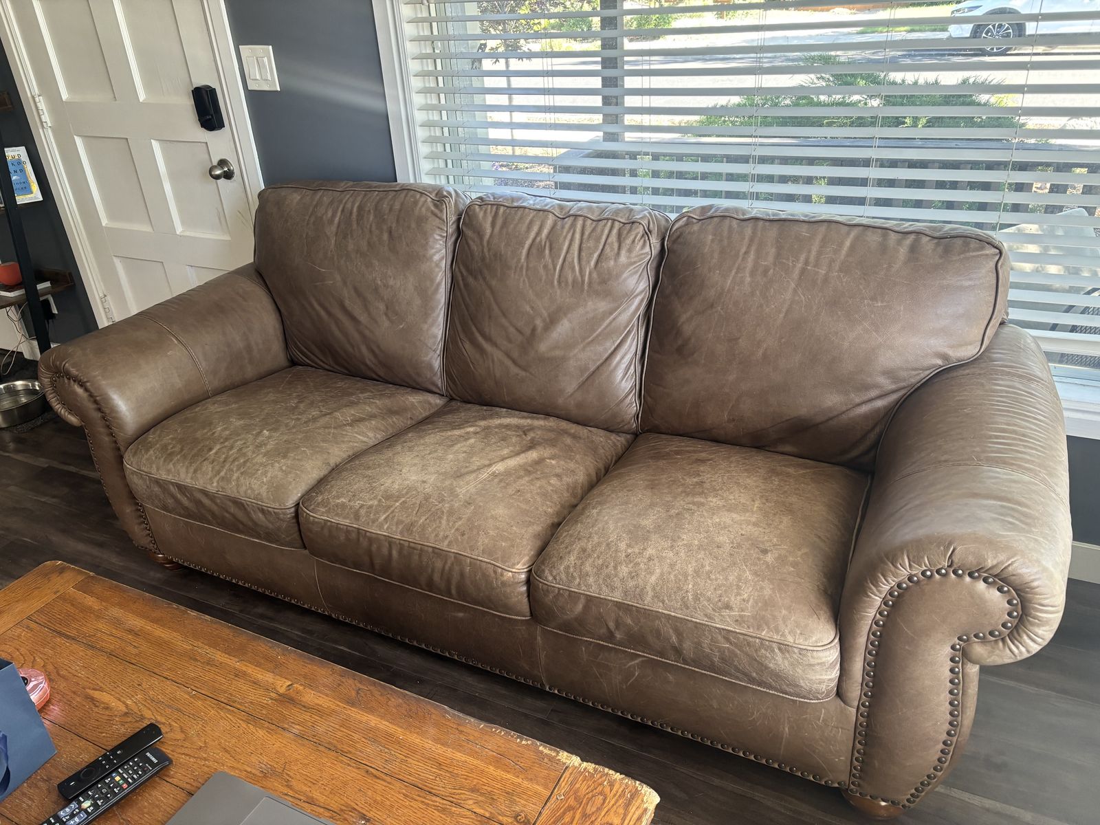 Luxurious Brown Leather Sofa - Studded Details - Great Condition, Ready for a New Home!
