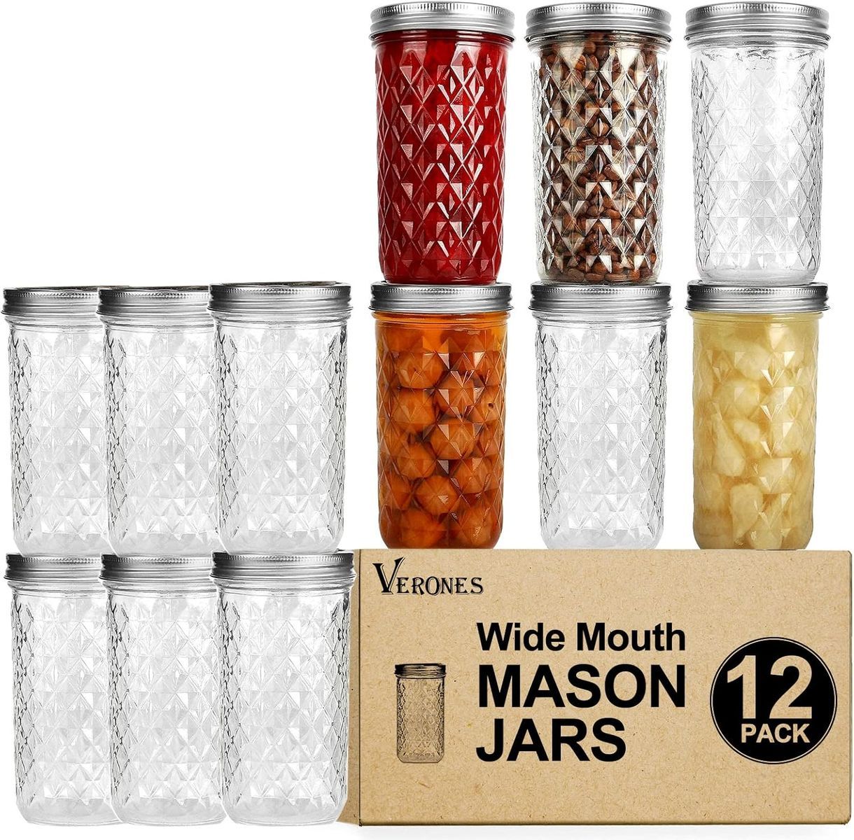 VERONES Wide Mouth Mason Jars 22oz, 12 Pack 22 oz with Lids and Bands