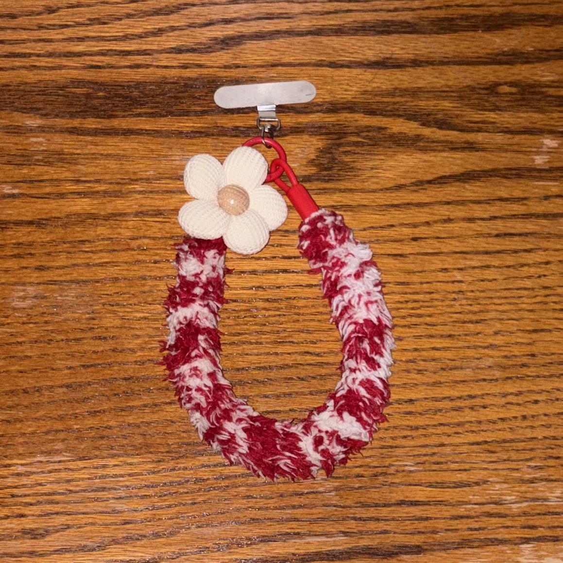 Red and White Fluffy Wrist Strap Phone Lanyard with Flower Charm