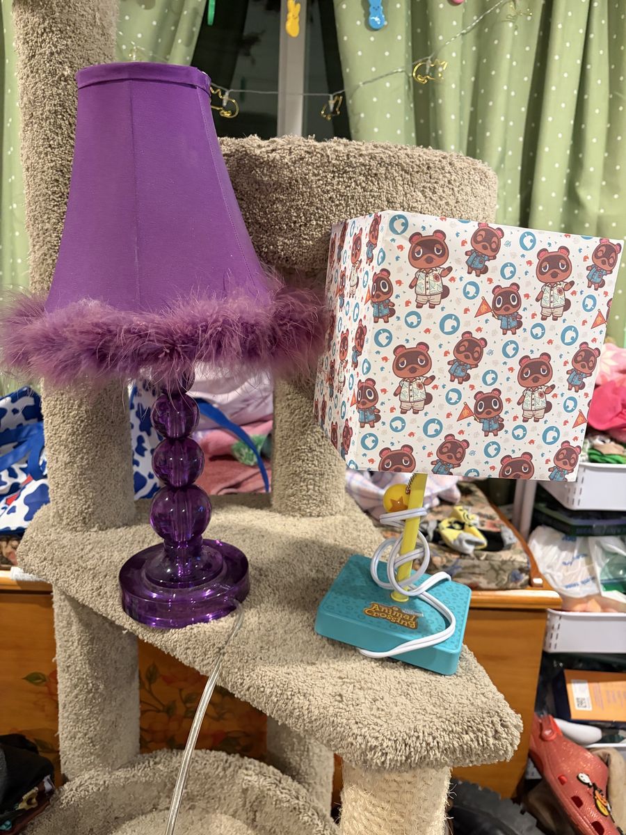 Novelty Table Lamp Lot: Animal Crossing Tom Nook Lamp and Purple Feathered Accent Lamp
