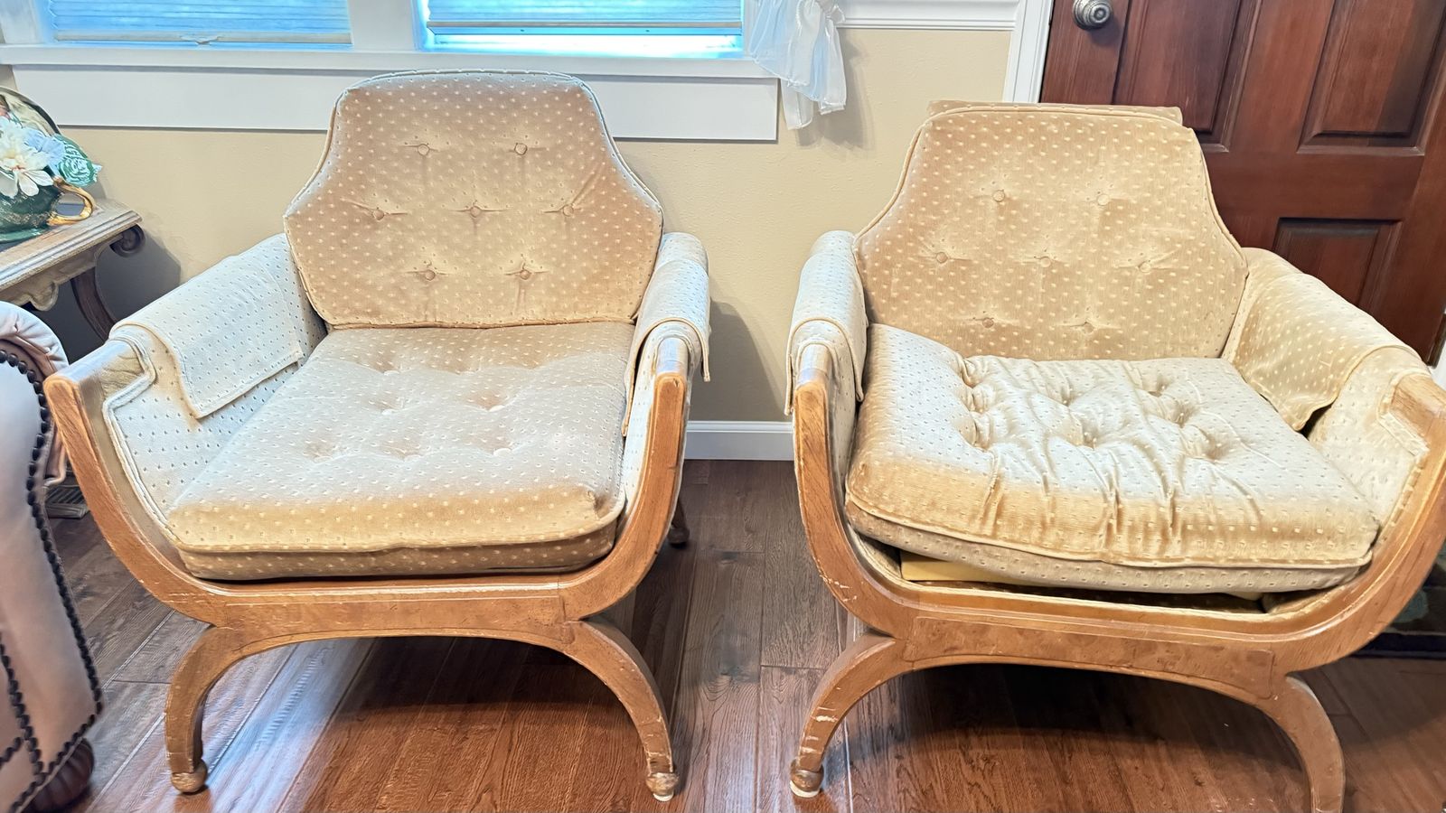 Pair of Vintage Tufted Upholstered Slipper Chairs - Scalloped Back, Wood Frame