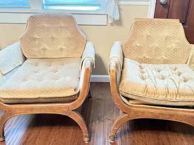 Pair of Vintage Tufted Upholstered Slipper Chairs - Scalloped Back, Wood Frame