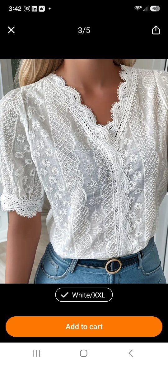 Elegant White Embroidered Polyester Blouse - Women's XXL V-Neck Top with Lace Details. fits like size 14.