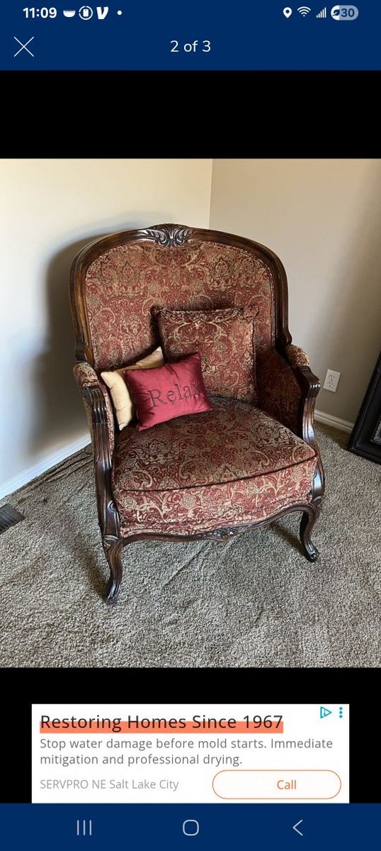 Vintage French Provincial Accent Chair - Red Damask Upholstery, Carved Wood Frame