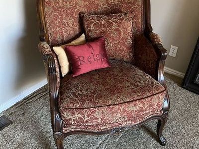 Vintage French Provincial Accent Chair - Red Damask Upholstery, Carved Wood Frame