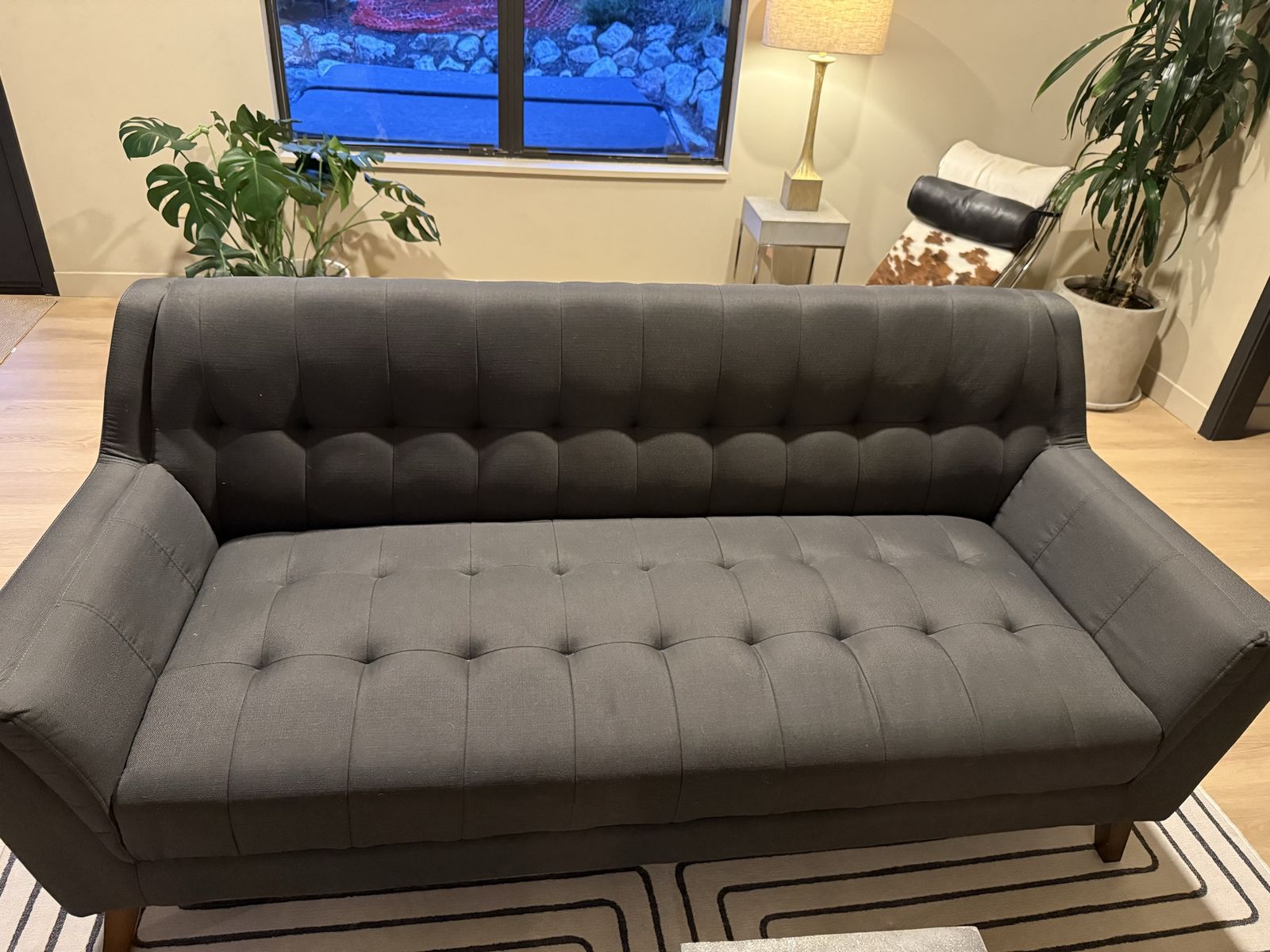 Dark Blue Tufted Fabric Sofa with Wooden Legs
