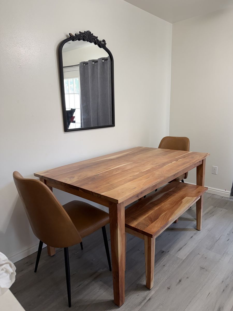 Solid Wood Dining Table Set with Bench & 2 Brown Leather Chairs