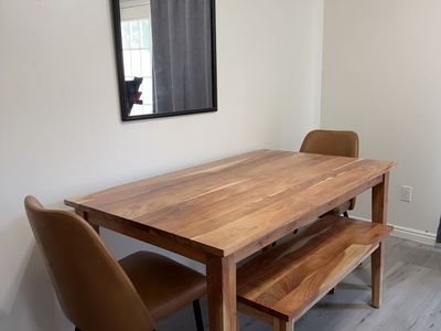 Solid Wood Dining Table Set with Bench & 2 Brown Leather Chairs