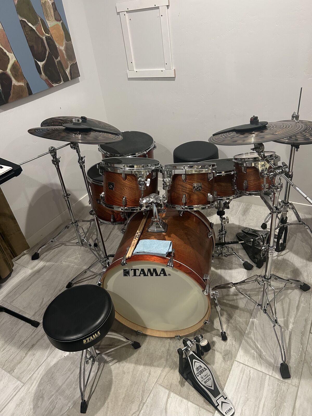 Drum Set — 7-piece Tama Classic Superstar (Elm Burst, Matte Auburn) with hardware and cymbals