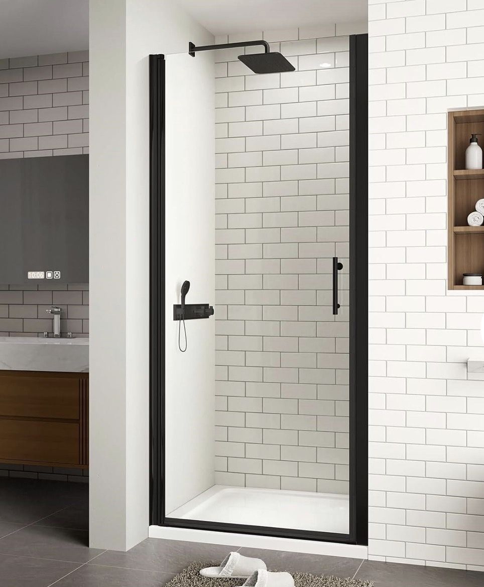30-31in x 72in Frameless Pivot Glass Shower Door -New. Black Matt