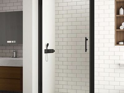 30-31in x 72in Frameless Pivot Glass Shower Door -New. Black Matt