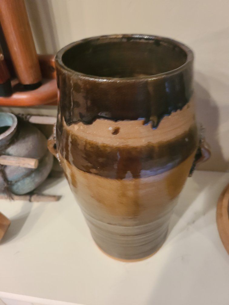 Antique Handmade Two-Tone Brown Glazed Pottery Vase / Jar with Handles, Signed Base