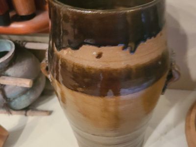 Antique Handmade Two-Tone Brown Glazed Pottery Vase / Jar with Handles, Signed Base
