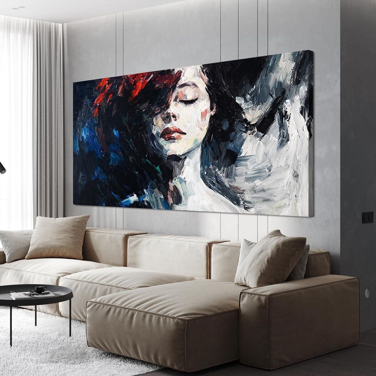 30'" x 60" Abstract Canvas Artwork Blue, Red Beautiful Woman