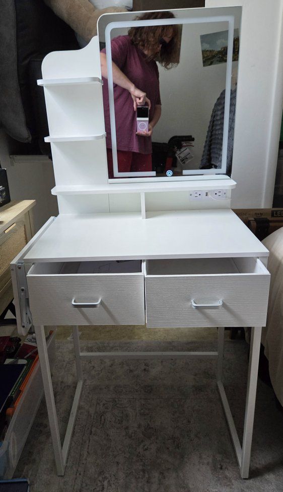 White Vanity Desk with Lighted Mirror and Stool